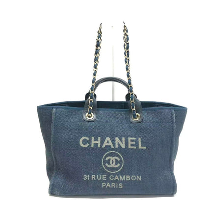 Chanel Deauville Tote Medium Navy Raffia Top Handle with Chains-Luxbags