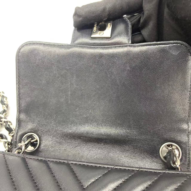 Chanel Classic Flap Mini Square Chevron Stitching Black Lambskin Silver Hardware Crossbody Bag