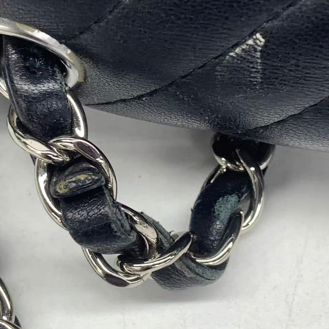 Chanel Classic Flap Mini Square Chevron Stitching Black Lambskin Silver Hardware Crossbody Bag