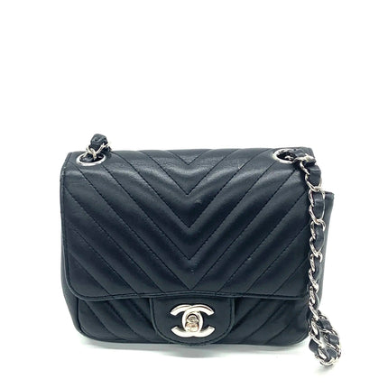 Chanel Classic Flap Mini Square Chevron Stitching Black Lambskin Silver Hardware Crossbody Bag