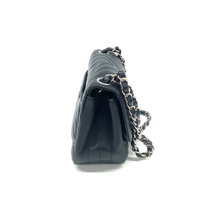 Chanel Classic Flap Mini Square Chevron Stitching Black Lambskin Silver Hardware Crossbody Bag
