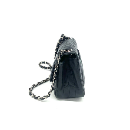 Chanel Classic Flap Mini Square Chevron Stitching Black Lambskin Silver Hardware Crossbody Bag