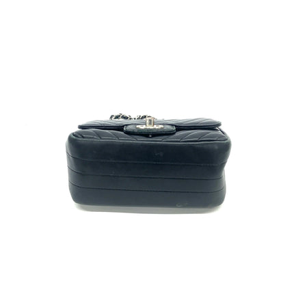 Chanel Classic Flap Mini Square Chevron Stitching Black Lambskin Silver Hardware Crossbody Bag
