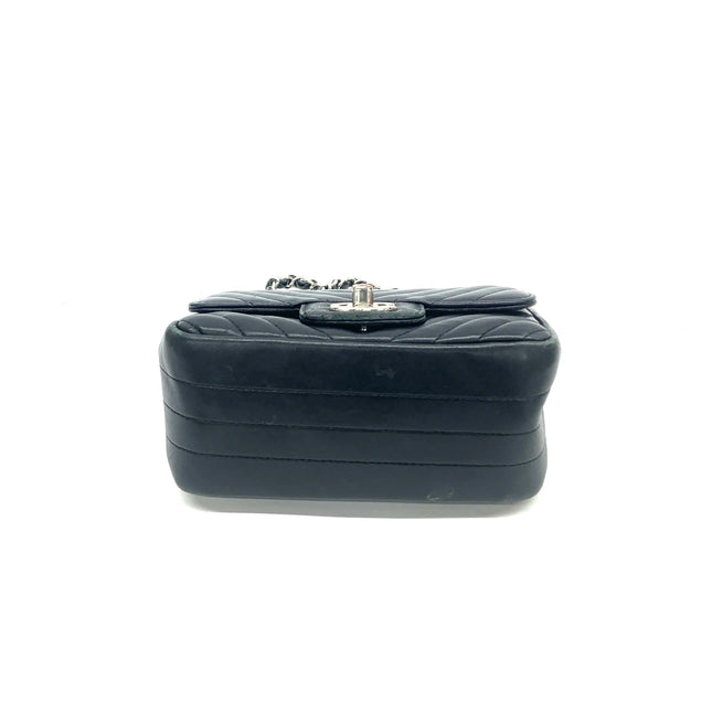 Chanel Classic Flap Mini Square Chevron Stitching Black Lambskin Silver Hardware Crossbody Bag