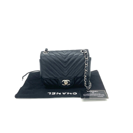 Chanel Classic Flap Mini Square Chevron Stitching Black Lambskin Silver Hardware Crossbody Bag