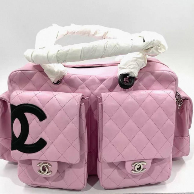 Chanel Cambon Large Pink Calfskin Leather Double Strap Handbag