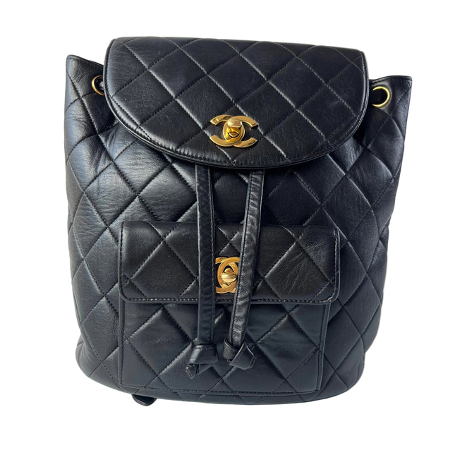 Chanel Vintage 1994-1996 Duma Backpack Black Lambskin Leather Gold Hardware-Luxbags