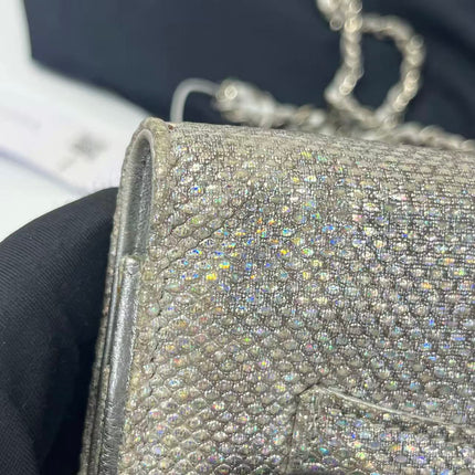 Chanel Wallet on Chain Silver Iridescent Lizard-skin Effect Embossed Leather