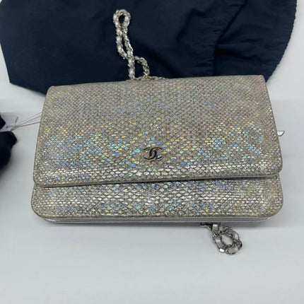 Chanel Wallet on Chain Silver Iridescent Lizard-skin Effect Embossed Leather