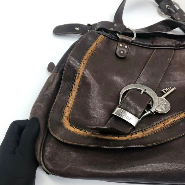 Dior Vintage Gaucho Large Dark Brown Leather Shoulder Bag