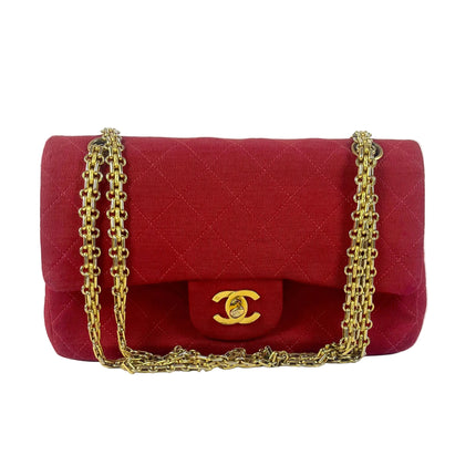 Chanel Classic Flap Small Red Fabric Double Flap Vintage 24k Gold Hardware Shoulder Bag