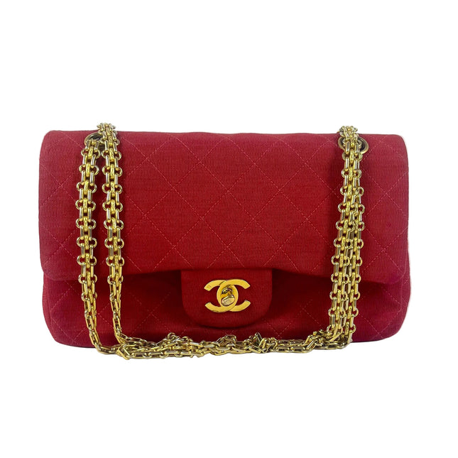 Chanel Classic Flap Small Red Fabric Double Flap Vintage 24k Gold Hardware Shoulder Bag