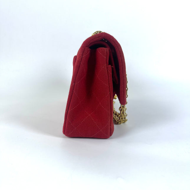 Chanel Classic Flap Small Red Fabric Double Flap Vintage 24k Gold Hardware Shoulder Bag