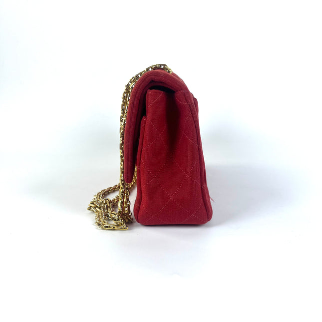 Chanel Classic Flap Small Red Fabric Double Flap Vintage 24k Gold Hardware Shoulder Bag