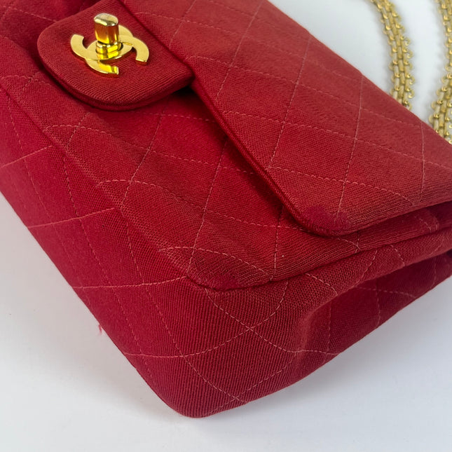 Chanel Classic Flap Small Red Fabric Double Flap Vintage 24k Gold Hardware Shoulder Bag