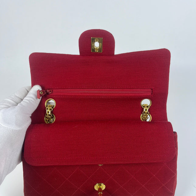 Chanel Classic Flap Small Red Fabric Double Flap Vintage 24k Gold Hardware Shoulder Bag