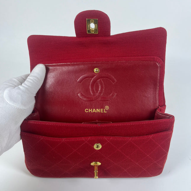 Chanel Classic Flap Small Red Fabric Double Flap Vintage 24k Gold Hardware Shoulder Bag