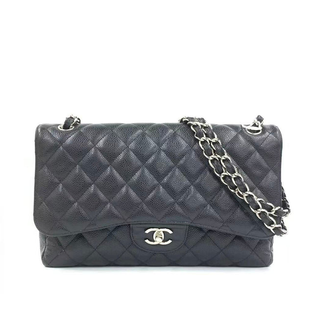 Chanel Classic Flap Jumbo 2011 Black Caviar Leather Double Flap Silver Hardware-Luxbags