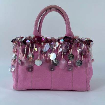 Prada Canape Small Pink Canvas with Sequins Top Handle Bag with Strap Rare