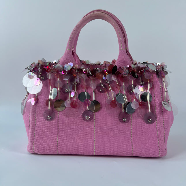 Prada Canape Small Pink Canvas with Sequins Top Handle Bag with Strap Rare