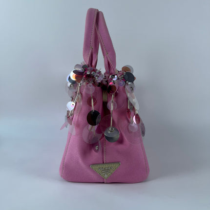 Prada Canape Small Pink Canvas with Sequins Top Handle Bag with Strap Rare