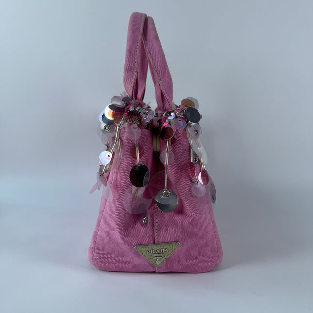 Prada Canape Small Pink Canvas with Sequins Top Handle Bag with Strap Rare