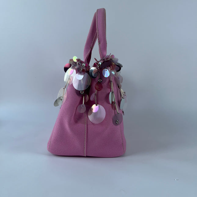 Prada Canape Small Pink Canvas with Sequins Top Handle Bag with Strap Rare