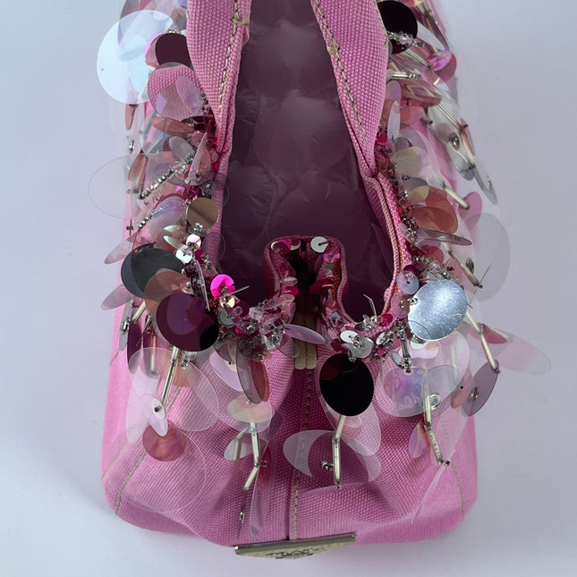 Prada Canape Small Pink Canvas with Sequins Top Handle Bag with Strap Rare