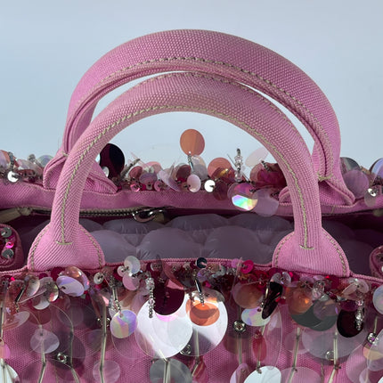 Prada Canape Small Pink Canvas with Sequins Top Handle Bag with Strap Rare