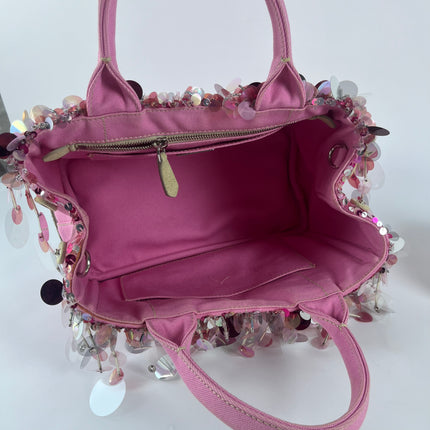 Prada Canape Small Pink Canvas with Sequins Top Handle Bag with Strap Rare