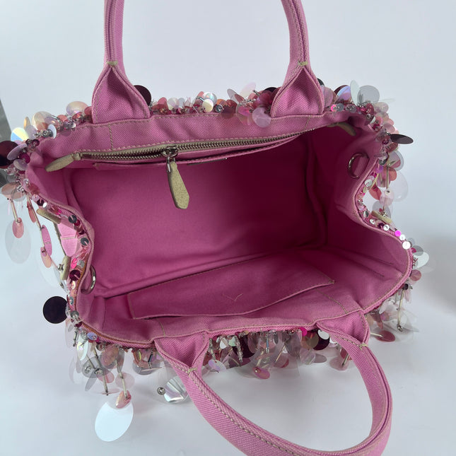 Prada Canape Small Pink Canvas with Sequins Top Handle Bag with Strap Rare