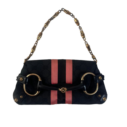 Gucci Horsebit 1955 Small Black Canvas Pink Web Shoulder Bag-Luxbags