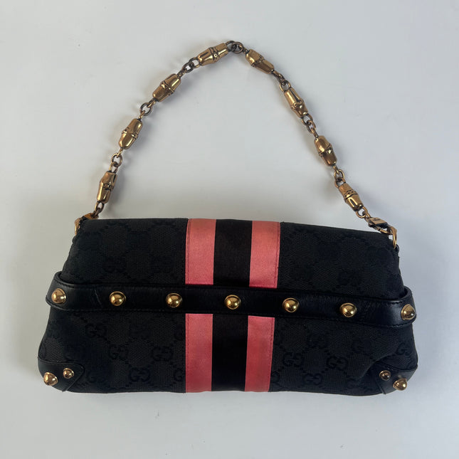 Gucci Horsebit 1955 Small Black Canvas Pink Web Shoulder Bag