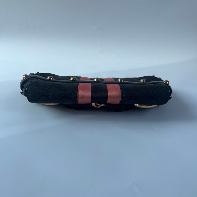 Gucci Horsebit 1955 Small Black Canvas Pink Web Shoulder Bag