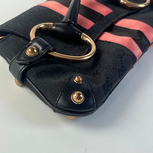 Gucci Horsebit 1955 Small Black Canvas Pink Web Shoulder Bag