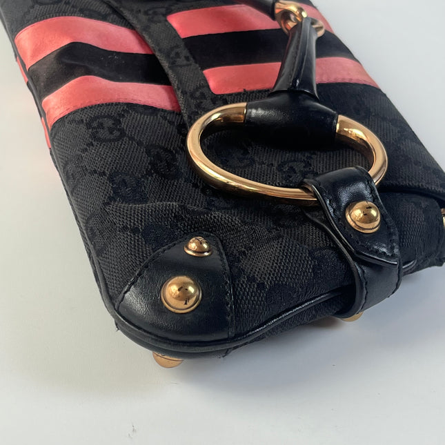 Gucci Horsebit 1955 Small Black Canvas Pink Web Shoulder Bag