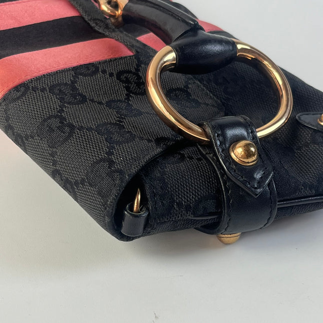 Gucci Horsebit 1955 Small Black Canvas Pink Web Shoulder Bag