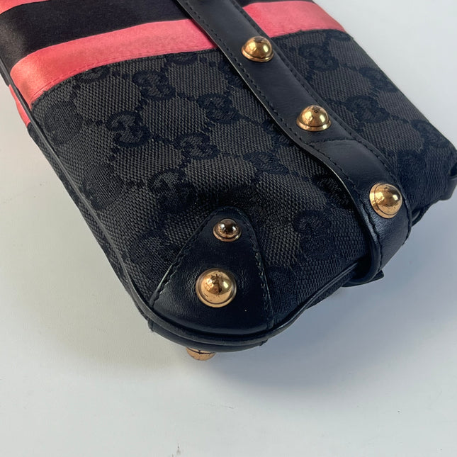Gucci Horsebit 1955 Small Black Canvas Pink Web Shoulder Bag