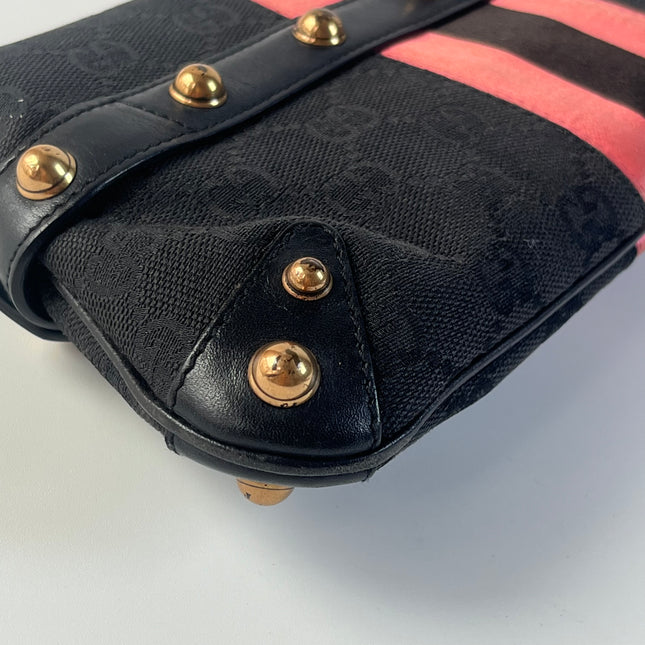 Gucci Horsebit 1955 Small Black Canvas Pink Web Shoulder Bag