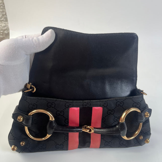 Gucci Horsebit 1955 Small Black Canvas Pink Web Shoulder Bag