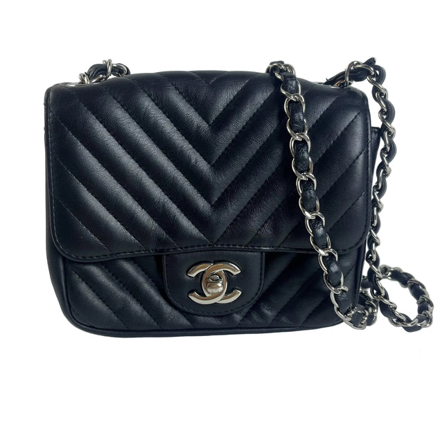 Chanel Classic Flap Mini Square Chevron Stitching Black Lambskin Silver Hardware Crossbody Bag