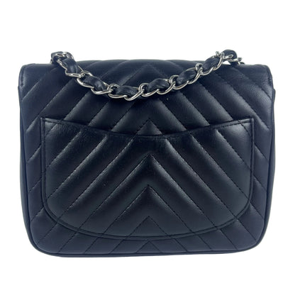 Chanel Classic Flap Mini Square Chevron Stitching Black Lambskin Silver Hardware Crossbody Bag