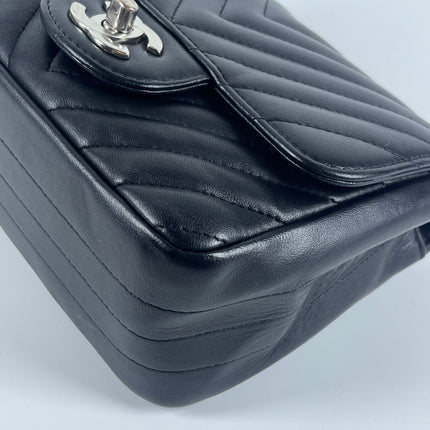 Chanel Classic Flap Mini Square Chevron Stitching Black Lambskin Silver Hardware Crossbody Bag