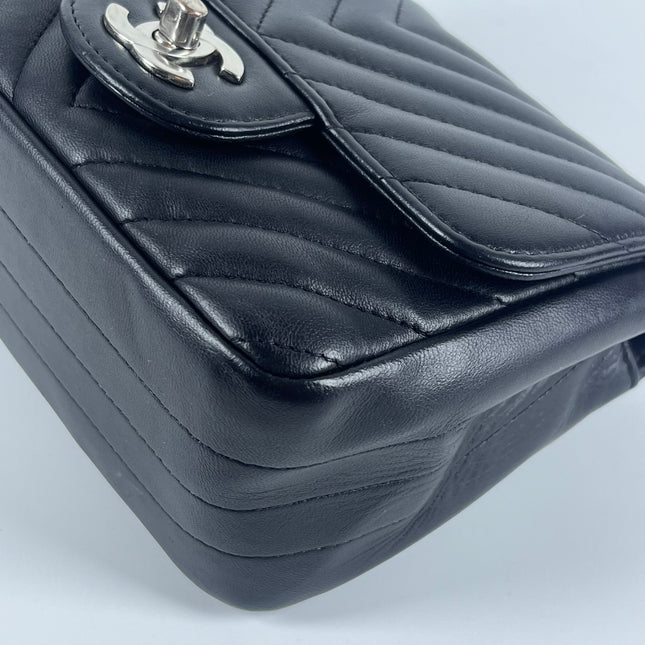 Chanel Classic Flap Mini Square Chevron Stitching Black Lambskin Silver Hardware Crossbody Bag