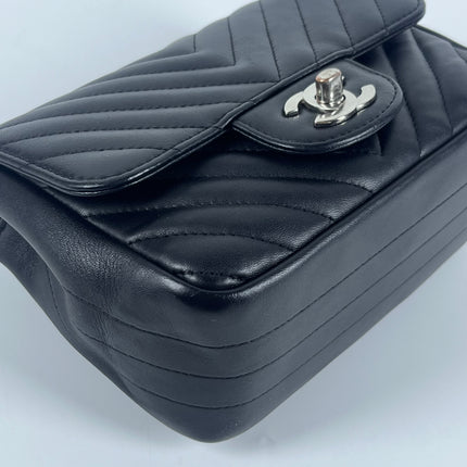Chanel Classic Flap Mini Square Chevron Stitching Black Lambskin Silver Hardware Crossbody Bag