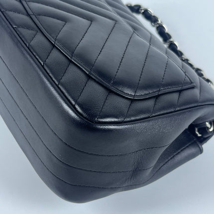Chanel Classic Flap Mini Square Chevron Stitching Black Lambskin Silver Hardware Crossbody Bag