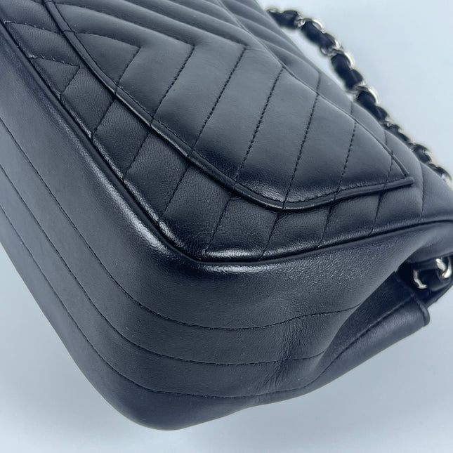Chanel Classic Flap Mini Square Chevron Stitching Black Lambskin Silver Hardware Crossbody Bag