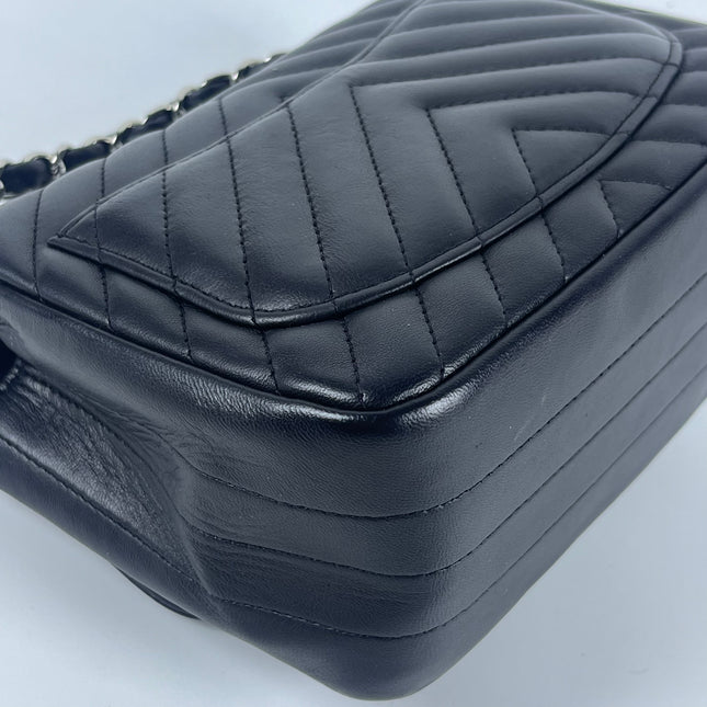 Chanel Classic Flap Mini Square Chevron Stitching Black Lambskin Silver Hardware Crossbody Bag