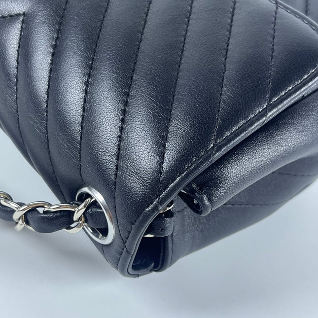 Chanel Classic Flap Mini Square Chevron Stitching Black Lambskin Silver Hardware Crossbody Bag