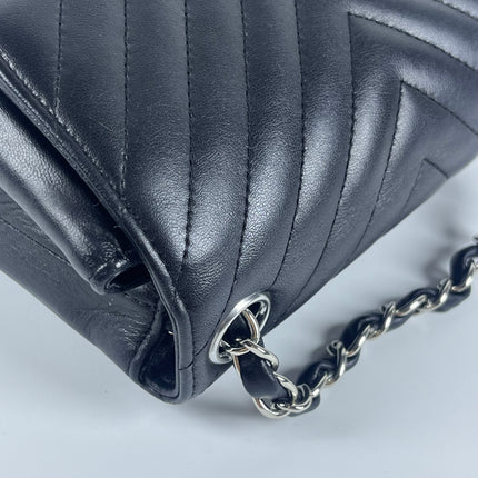 Chanel Classic Flap Mini Square Chevron Stitching Black Lambskin Silver Hardware Crossbody Bag